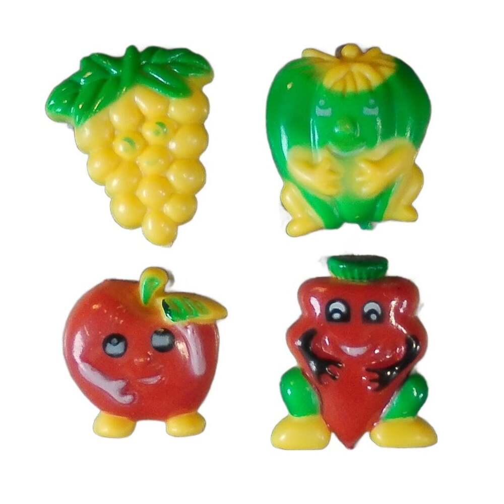 Vintage Anthropomorphic Fruit Refrigerator Magnet Set of 4 Plastic Kitsch Retro